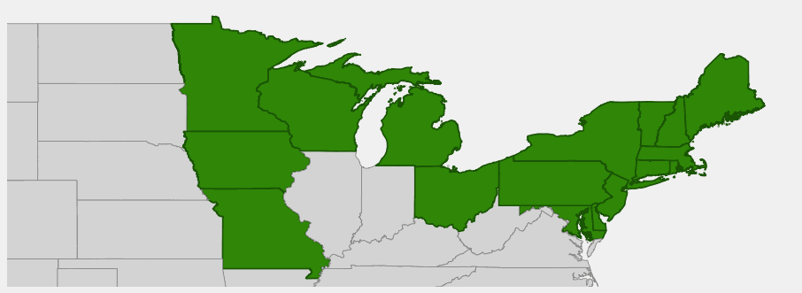Native range map of Champlain Hawthorne (Crataegus submollis)