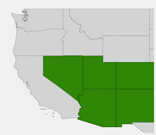 Native range map of Cliffrose (Purshia mexicana) showing distribution across Utah, Colorado, Arizona, New Mexico, and Nevada