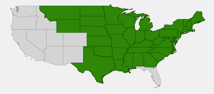 Native range map of Climbing Bittersweet (Celastrus scandens) showing distribution across eastern and central North America