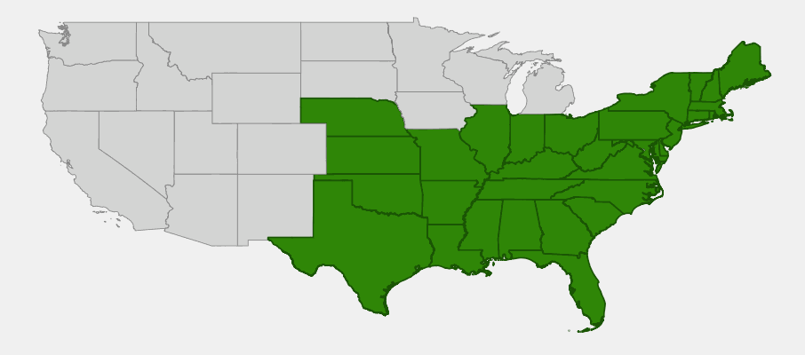 Native range map of Coral Honeysuckle (Lonicera sempervirens) showing distribution across eastern United States