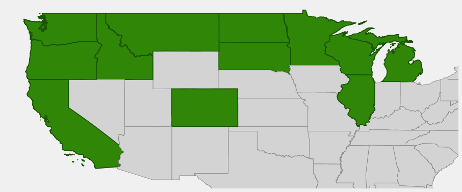 Native range map of Douglas Hawthorn (Crataegus douglasii) showing distribution across western and north-central United States
