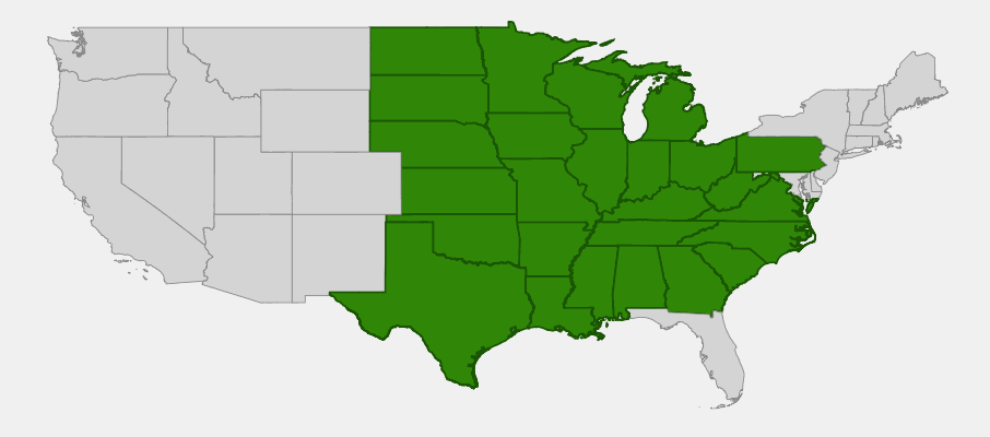 Native range map of Downy Hawthorn (Crataegus mollis) showing extensive distribution across central and eastern North America