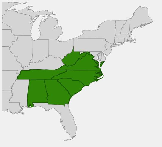 Native range map of Drooping Leucothoe (Leucothoe fontanesiana) showing distribution in the southern Appalachian Mountains