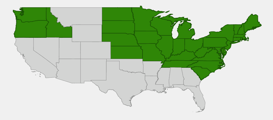 Native range map of Dutchman's Breeches (Dicentra cucullaria) showing eastern US distribution