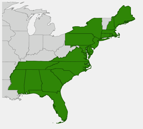 Native range map of Dwarf Huckleberry (Gaylussacia dumosa)