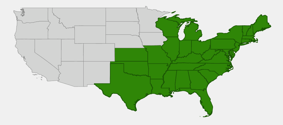 Native range map of Dwarf-winged Sumac (Rhus copalina) across eastern and central United States