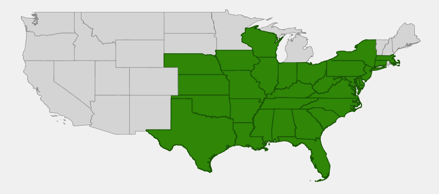 Native range map of Eastern Gamagrass (Tripsacum dactyloides) showing widespread eastern US distribution