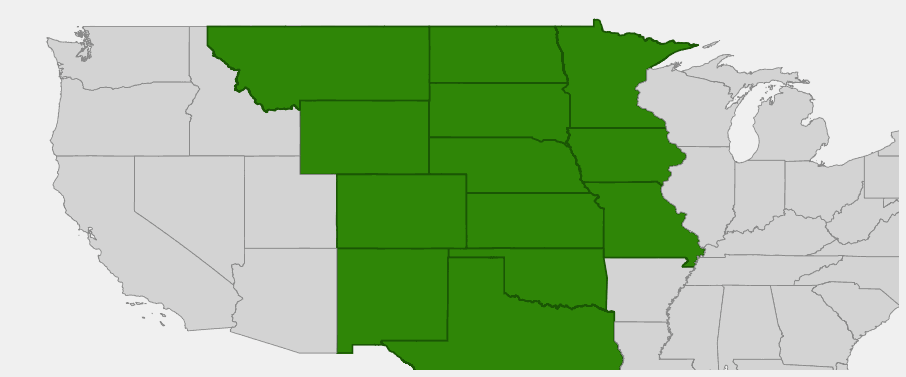 Native range map of Narrow-leaf Purple Coneflower (Echinacea angustifolia) showing distribution across Great Plains