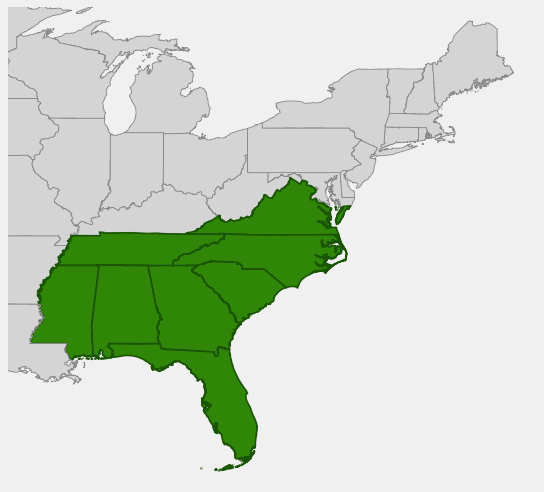 Native range map of Elliott's Blueberry (Vaccinium elliottii) in the southeastern United States