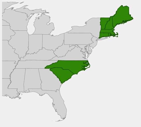 Native range map of Fire Cherry (Prunus pensylvanica)