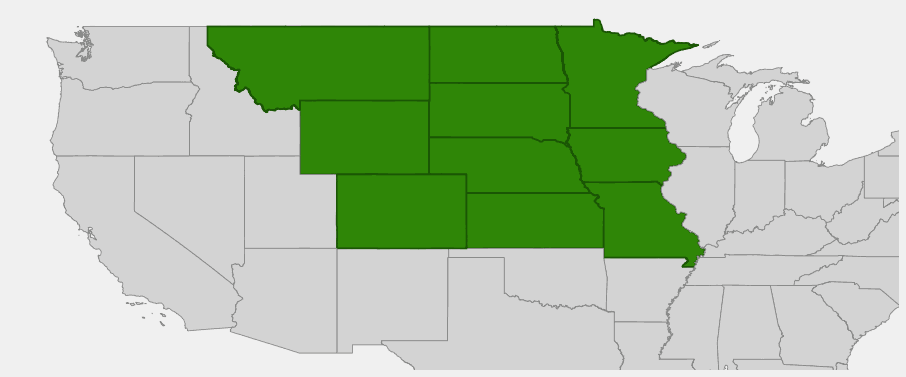 Native range map of Fragrant False Indigo (Amorpha nana) showing distribution across the central Great Plains