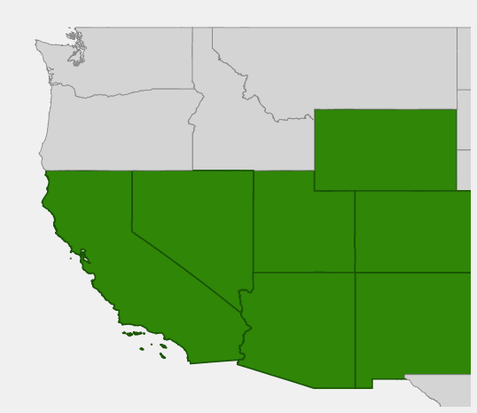 Native range map of Fremont Cottonwood (Populus fremontii) showing distribution across Utah, Colorado, Nevada, Arizona, New Mexico, California, and Wyoming