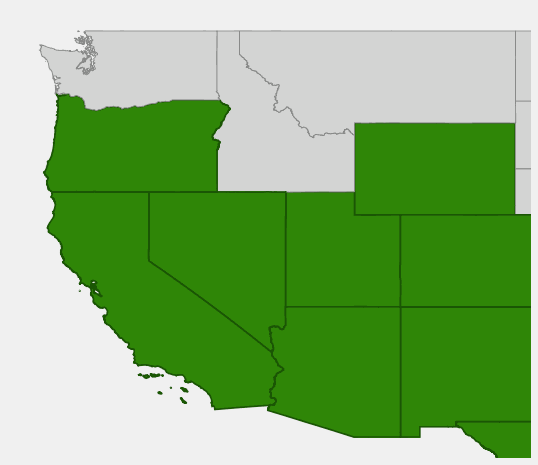 Native range map of Fremont Cottonwood (Populus fremontii) showing distribution across western US states