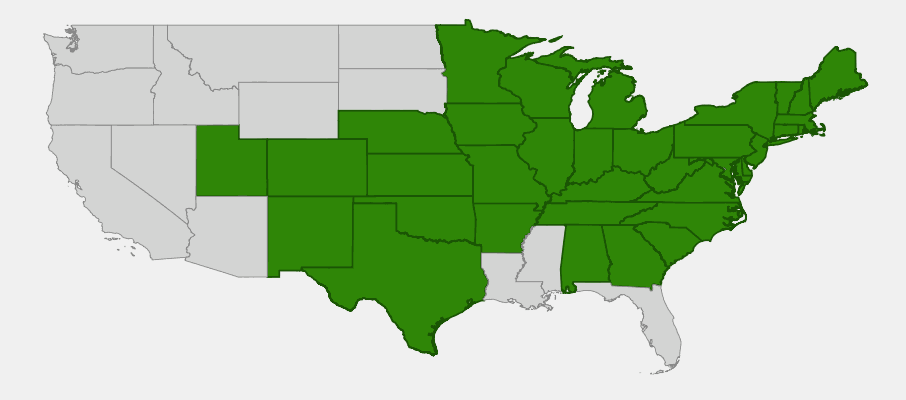 Native range map of Fragrant Sumac (Rhus aromatica) showing distribution across eastern and central United States