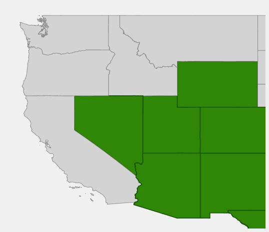 Native range map of Gambel Oak (Quercus gambelii) showing distribution across Utah, Colorado, Arizona, New Mexico, Wyoming, Nevada, and Texas