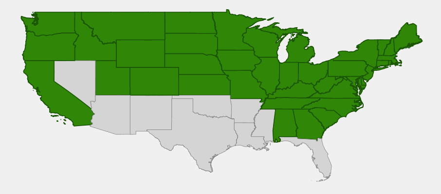Native range map of Goat's Beard (Aruncus dioicus) showing distribution across much of North America