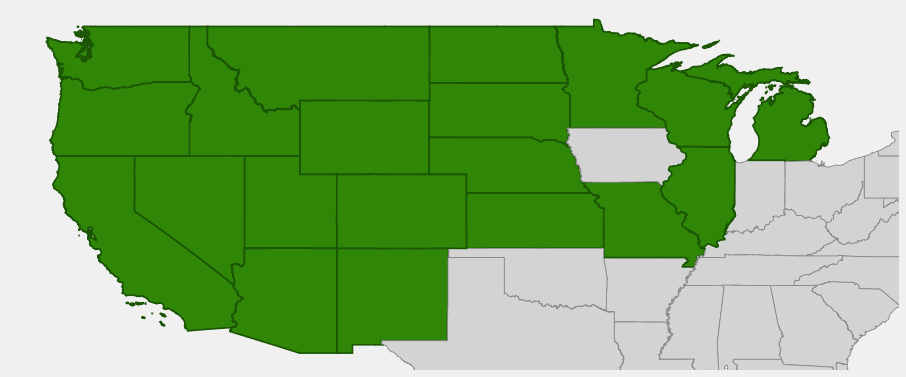 Native range map of Golden Currant (Ribes aureum) showing distribution across western and central United States