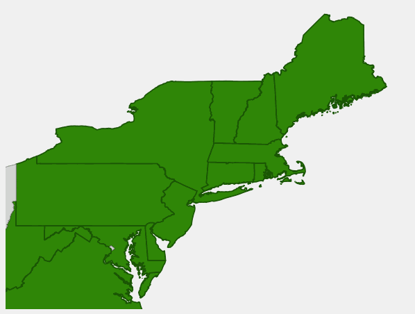 Native range map of Gray Birch (Betula populifolia) showing distribution across northeastern states