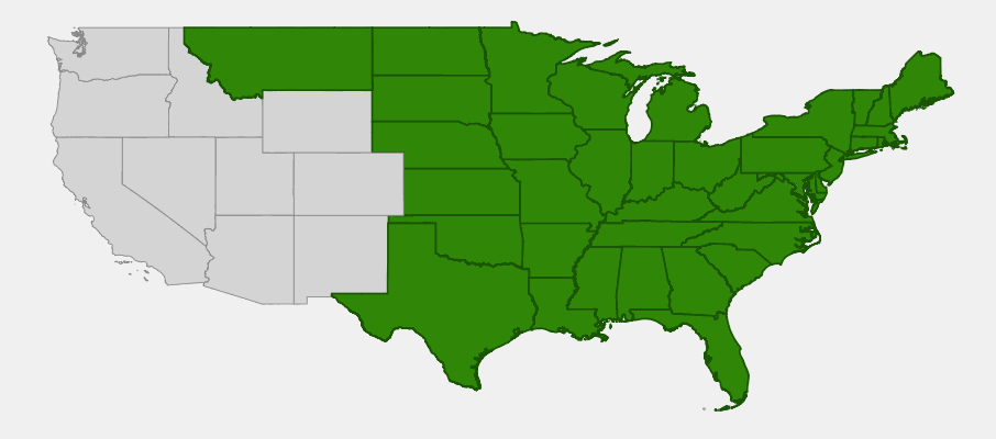 Native range map of Great Blue Lobelia (Lobelia siphilitica) showing distribution across eastern and central North America