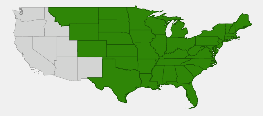 Native range map of Green Ash (Fraxinus pennsylvanica) showing distribution across most of the central and eastern United States