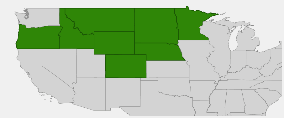 Native range map of Green Needlegrass (Nassella viridula) across the northern Great Plains and Rocky Mountain states
