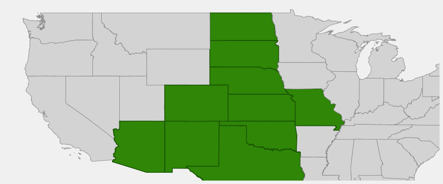Native range map of Hairy Grama (Bouteloua hirsuta) showing distribution across Arizona, New Mexico, Colorado, Great Plains states