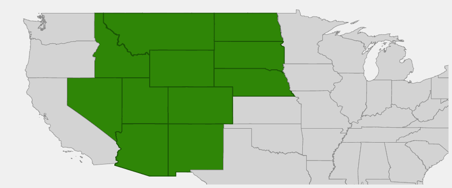 Native range map of Boreale Sweetvetch (Hedysarum boreale) showing distribution across the Rocky Mountain West