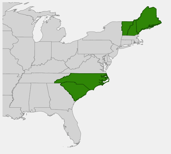 Native range map of Hobblebush (Viburnum alnifolium)