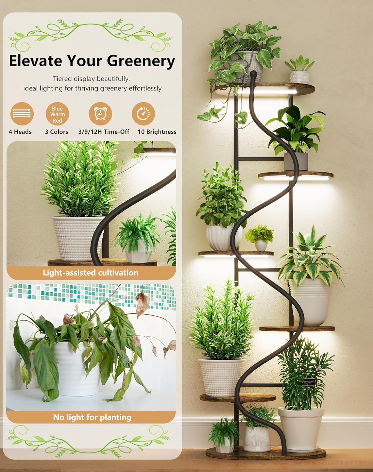 Hongsane 65-Inch 7-Tiered Plant Stand with Grow Lights