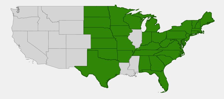 Native range map of Interrupted Fern (Osmunda claytonia) showing distribution across eastern and central North America
