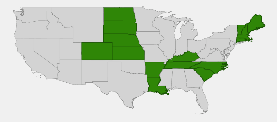 Native range map of Ironwood (Ostrya virginiana) showing distribution across eastern North America