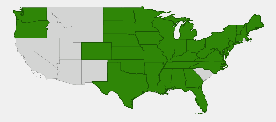 Native range map of Jerusalem Artichoke (Helianthus tuberosus) showing distribution across eastern and central United States