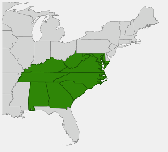 Native range map of Large Fothergilla (Fothergilla major) showing distribution in Appalachian Mountain states
