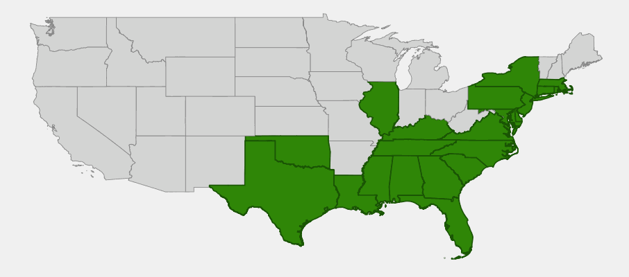 Native range map of Fetterbush (Leucothoe racemosa)