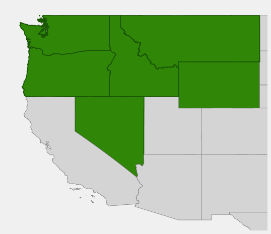 Native range map of Mallow Ninebark (Physocarpus malvaceus) showing distribution in the northern Rocky Mountain and Pacific Northwest states
