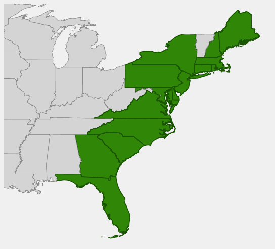 Native range map of Marsh Elder (Iva frutescens) showing Atlantic coastal distribution