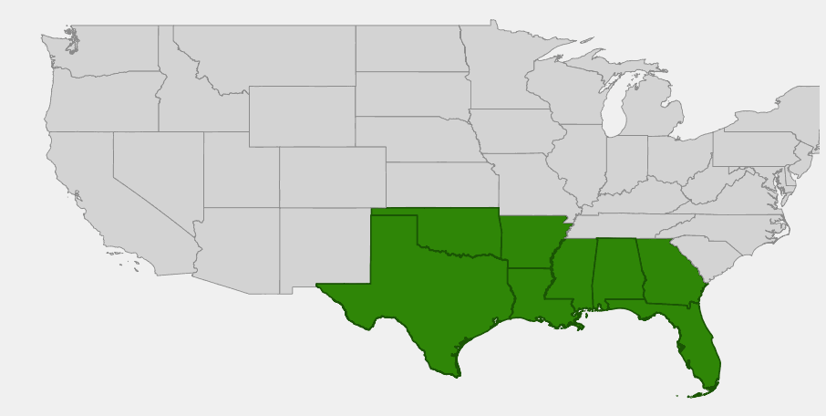 Native range map of Mayhaw (Crataegus opaca) in Gulf Coastal Plain states