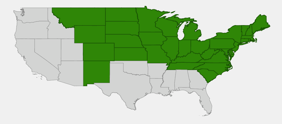 Native range map of Meadow Rose (Rosa blanda) showing distribution across much of northern North America