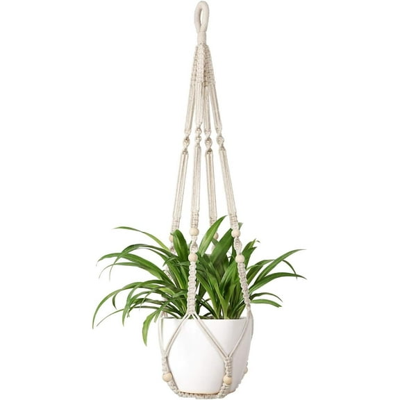 Mkono Macrame Plant Hanger with Wood Beads, 35 Inch Ivory