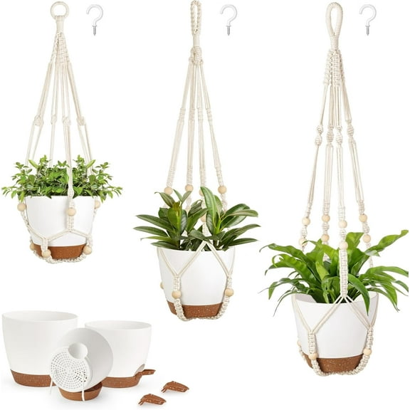 Mkono Set of 3 Self-Watering Hanging Planters with Macrame Hangers
