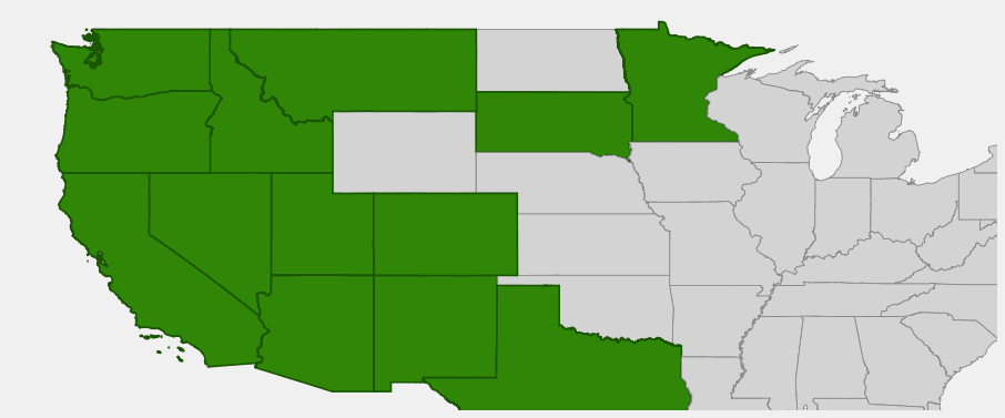Native range map of Monkeyflower (Mimulus guttatus) showing wide distribution across western North America