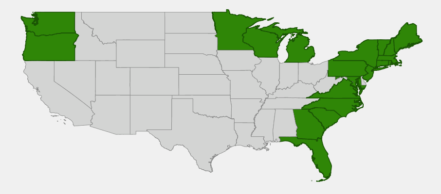 Native range map of Sweetgale (Myrica gale) showing distribution across northern United States including New England, Great Lakes, Pacific Northwest, and Alaska