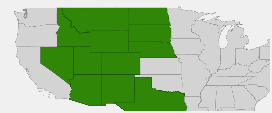 Native range map of Narrowleaf Cottonwood (Populus angustifolia)