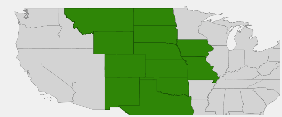 Native range map of Narrowleaf Yucca (Yucca glauca) showing distribution across Great Plains and Intermountain West