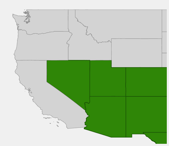 Native range map of New Mexico Locust (Robinia neomexicana) showing distribution across Utah, Colorado, Arizona, New Mexico, Texas, Nevada, and Oklahoma