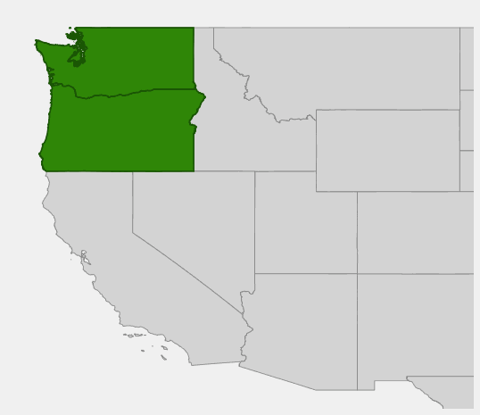 Native range map of Nootka Lupine (Lupinus nootkatensis) showing distribution across Alaska and Pacific Northwest
