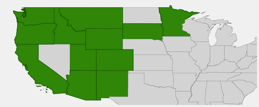 Native range map of Northern Goldenrod (Solidago multiradiata) showing distribution across Alaska and western mountains