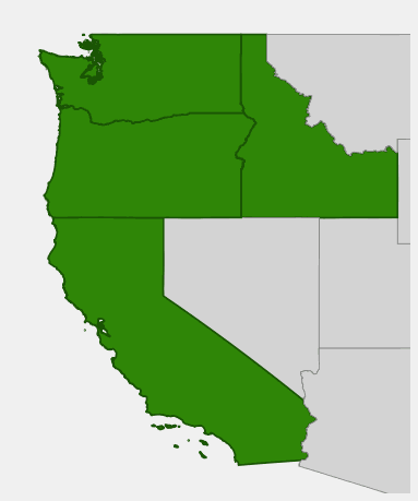 Native range map of Tall Oregon Grape (Berberis aquifolium) showing distribution across Oregon, Washington, California, and Idaho