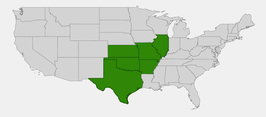 Native range map of Ozark Witch-hazel (Hamamelis vernalis)