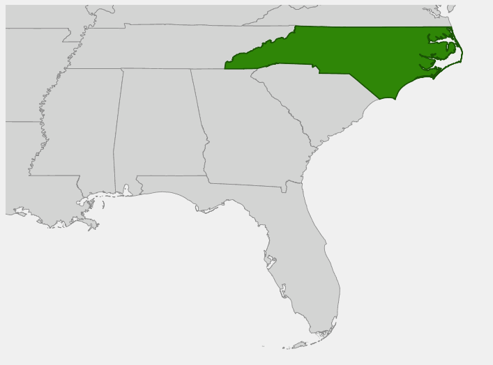 Native range map of Pinkshell Azalea (Rhododendron vaseyi) showing distribution in western North Carolina only